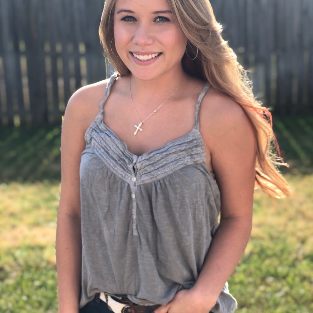 AEO gray tank with frills & criss-cross straps